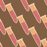 Seamless pattern with hand drawn chemical flask elements. Pink and orange colored elemets on brown background. vector