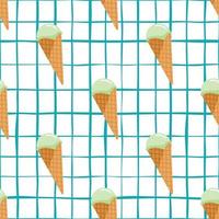 Ice cream waffle cone seamless pattern. White background with blue check. Bright design. vector