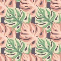 Exotic seamless pattern with green and pink monstera leaf elements print. Purple pastel background. vector