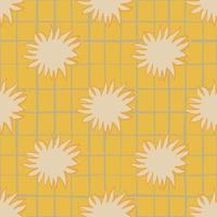 Summer morning seamless doodle pattern with abstract stars silhouettes. Yellow chequered background. vector