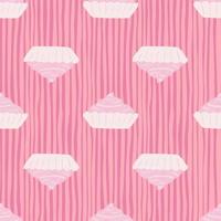 Seamless pattern with sweet basket cream cake elements. Pink palatte artwork. Striped background. Food backdrop. vector