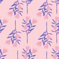 Flower bouquet silhouettes seamless pattern. Hand drawn botanic elements and stripped background in pink and blue tones. vector