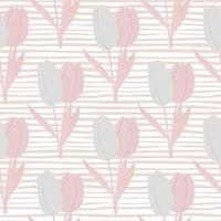 Pale seamless light pattern with hand drawn tulip silhouettes. Flower ornament on stripped background. vector