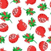 Seamless doodle pattern with isolated pomegranate and branches ornament. Green and red bright summer fresh print on white background. vector