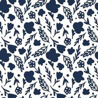 Navy blue nature botanic silhouettes seamless pattern. Isolated floral print with leaves and branches on white background. vector