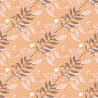 Seamless fall pattern with brown and light color branch forest bouquets. Orange background. Botanic backdrop. vector