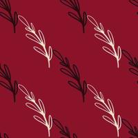 Abstract seamless pattern with black and white outline branches ornament. Maroon background. vector