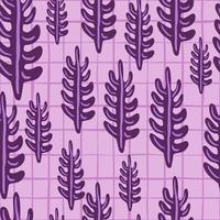 Abstract botanic seamless pattern with simple tropic leaf branches print. Chequered background. Purple palette. vector