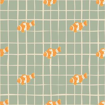 Minimalistic style seamless pattern with orange clown fish elements. Grey chequered background. Doodle style. vector