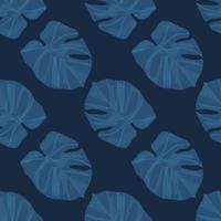 Minimalistic dark monstera silhouettes seamless doodle pattern. Navy blue tones palm foliage artwork. vector