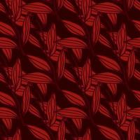 Doodle seamless pattern with outline leaves. Foliage in red color on dark burgundy background. vector
