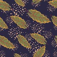 Random green autumn oak leaves seamless pattern. Navy blue background with splashes. vector