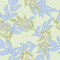 Pastel tones seamless pattern with blue and green random branches elements. Light grey background. vector