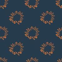 Contrast seamless doodle pattern with orange contoures sun silhouettes. Dark navy blue background. vector