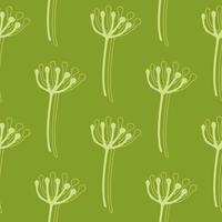 Simple dandelion flowers outline silhouettes seamless pattern. Green background with white botanic ornament. vector