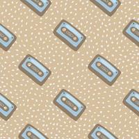 Blue and brown seamless doodle pattern with cassette elements. Light beige dotted background. vector