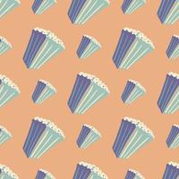 Soft blue popcorn ornament seamless doodle pattern. Light beige background. Simple sinema backdrop. vector