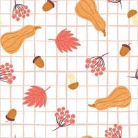 Autumnal seamless pattern on grid pink white background. Random template with maple leaf, pumpkin, acorn and rowan. vector