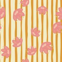 Hand drawn blossom seamless abstract pattern with random pink flowers elements. Striped background. vector