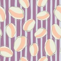 Random seamless pattern with abstract apricot fruit silhouettes. Purple and blue striped background. vector