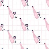 Stylized wine bottle and glasses seamless pattern. Doodle alcohol ornament in pink color on white chequered background. vector