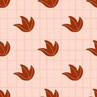 Creative minimalistic seamless pattern with dark orange leaf bush shapes. Pink chequered background. vector
