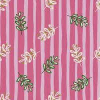 Random seamless pattern with abstract doodle leaf branches shapes. Pink striped background. vector