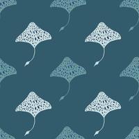 Aqua seamless underwater pattern with hand drawn stingray shapes. Navy blue pale background. vector