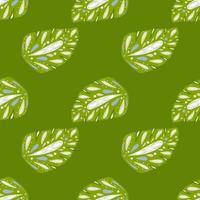 Hand drawn tropic seamless pattern with folk monstera leaf shapes. Green bright background. vector