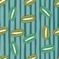 Random seamless pattern with green and turquoise kiwi shapes. Blue striped background. vector