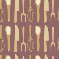 Seamles kitchen tools doodle pattern. Stylized knife, spoon, fork, corolla silhouettes artwork in maroon and ocher tones. vector