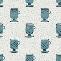Creative cups ornament seamless hand drawn pattern. Navy blue kitchen elements on light pastel background with dots. vector