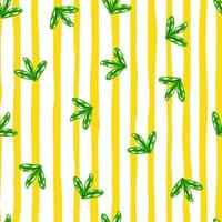 Nature botanic seamless pattern with green random leaves elements. Yellow and white striped background. vector