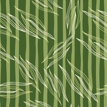 Modern botanical line shapes seamless pattern on green stripe background. vector