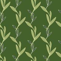 Doodle seamless pattern with decorative outline leaf branches foliage ornament. Green background. vector
