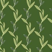 Doodle seamless pattern with decorative outline leaf branches foliage ornament. Green background. vector