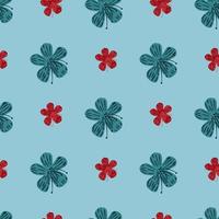 Creative simple flora seamless pattern with flowers. Red elements. Blue background. vector