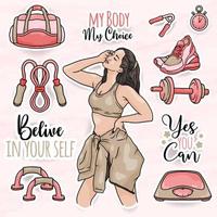 cute women sticker clip art collections set with girl gym equipment vector