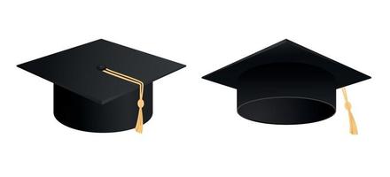 A set of academic caps. Graduation university or college black hat 3d realistic vector illustration isolated on white background. Design for the graduation ceremony and educational diploma.
