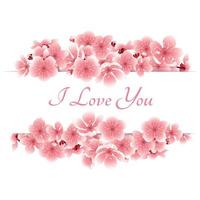 Vector greeting card template with flowers blossoms. For Valentine's day. Cherry flower spring banner with blooming sakura on the white background. I love you