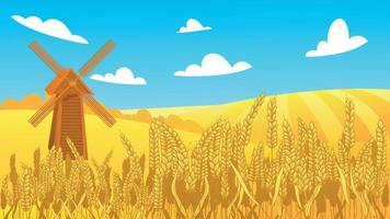 Rural autumn landscape with windmill, blue sky and yellow wheat field with spikelet of rye.