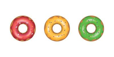 conjunto de rosquillas de colores de dibujos animados. delicioso y brillante donut dulce con glaseado de color caramelo de azúcar y decorado con coloridos elementos decorativos. plomada para diseño de menú, decoración de café, entrega. vector