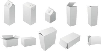 conjunto de envases cosméticos o médicos rectangulares de cartón alto vertical realista, cajas de papel. Cajas de leche y jugo. maqueta realista de una caja de cartón blanca alta, plantillas en blanco 3d. vector