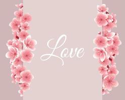 Vector greeting card template with flowers blossoms. For Valentine's day. Cherry flower spring banner with blooming sakura on the pastel background for wedding. Love
