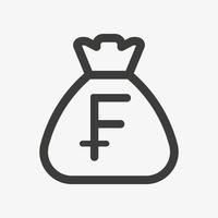 Swiss Franc icon. Sack with swiss franc isolated on white background. Money bag outline icon vector pictogram. Currency of Switzerland symbol.