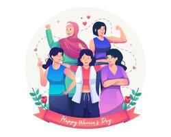 concepto del día internacional de la mujer con mujeres sonrientes felices en diferentes poses y un grupo multinacional diverso. ilustración vectorial de estilo plano vector