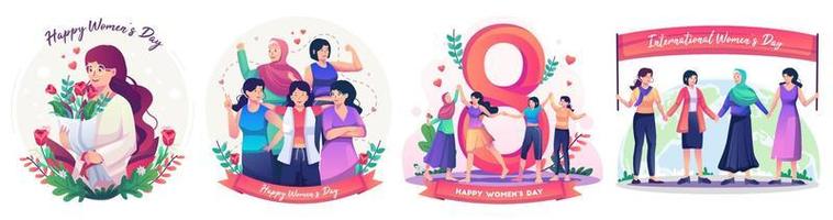 conjunto de concepto del día internacional de la mujer con felices mujeres multinacionales diversas celebran el día de la mujer. luchando por la libertad, la independencia, la igualdad. ilustración vectorial de estilo plano vector