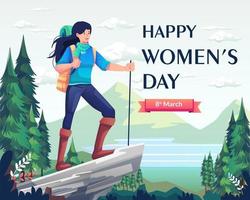 A woman hiker with a backpack standing on top of a mountain cliff enjoys the view. Happy Women's Day greeting and celebration. Flat style vector illustration