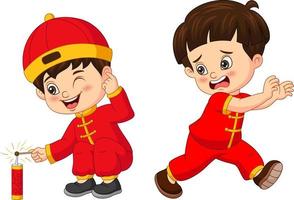 Cartoon Chinese kids with a firecracker vector