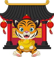 tigre de dibujos animados sentado frente al edificio chino